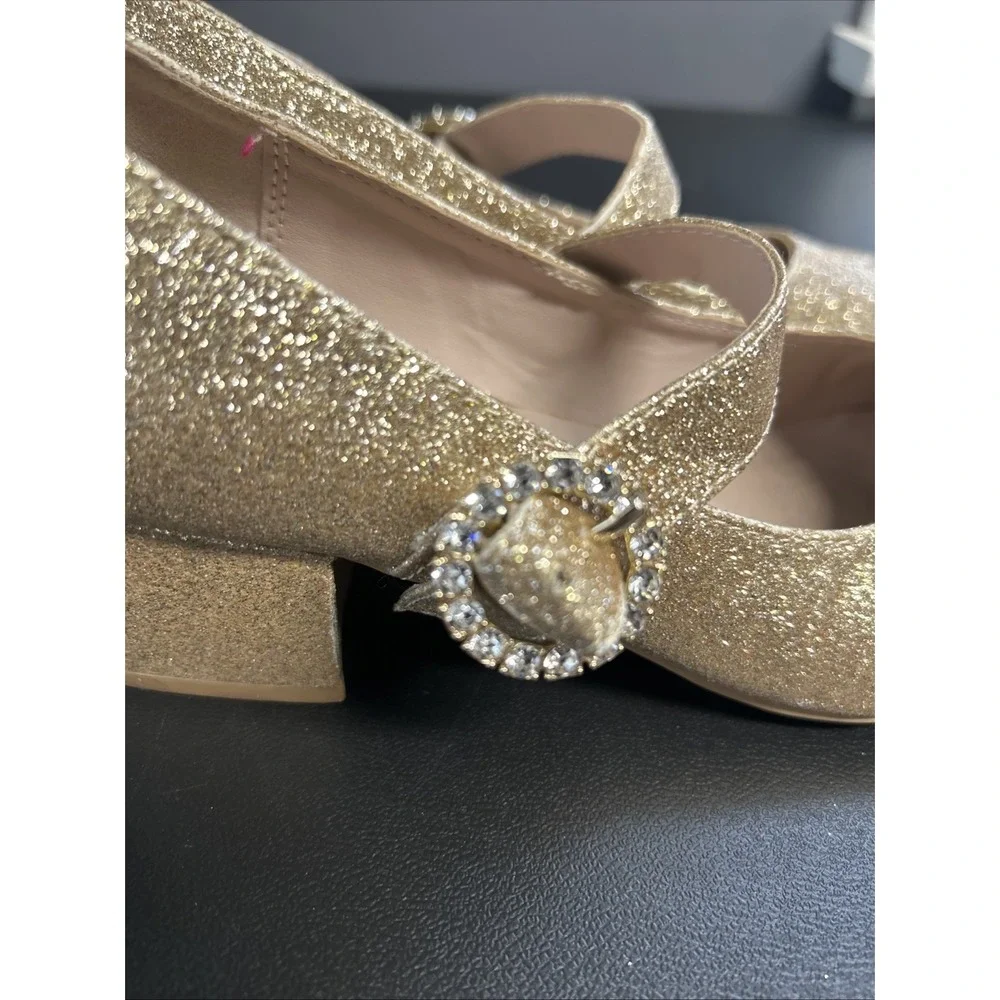 Girls Size‎ 4 Nina Gold Bling Shoes Wedding Dance Pageant Block Heel Rhinestone